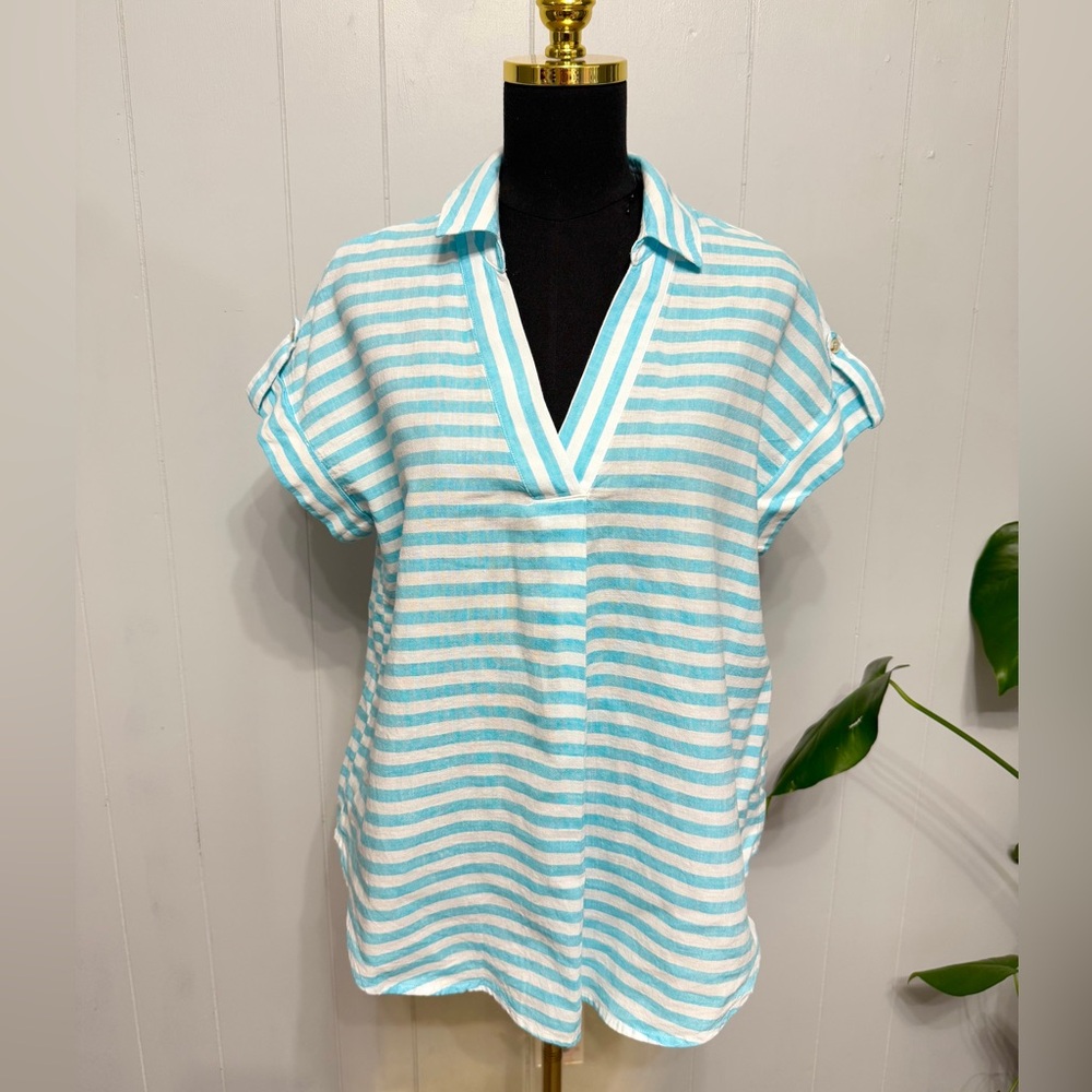 #14)  Liz Claiborne Aqua and White Striped V-Neck Linen-Cotton Top